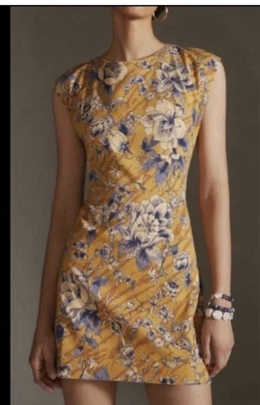 ANTHROPOLOGIE Tie Back Dress Boho Cap Yellow Blue Floral Open Back Mini Size 0